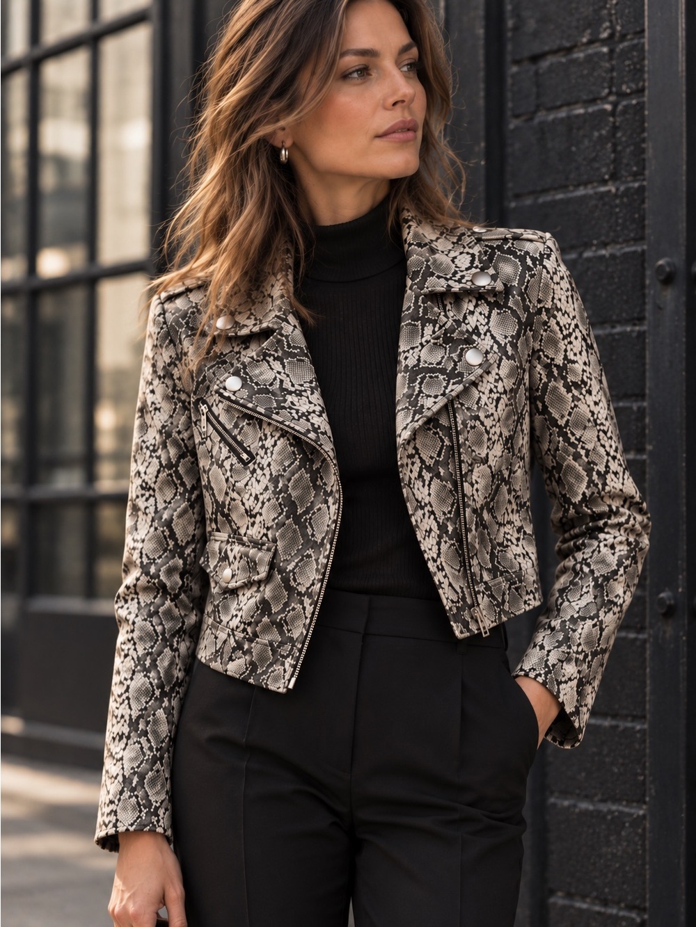 Blank NYC Snakeskin Faux Leather Moto Jacket XS Black Cream Statement